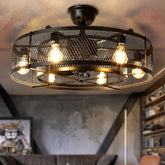 26" Caged Ceiling Fan with Lights and Remote – Industrial Bladeless Fandelier with 6 E26 LED Bulbs – Matte Black Farmhouse Ceiling Fan for Bedroom, Kitchen, Dining Room
